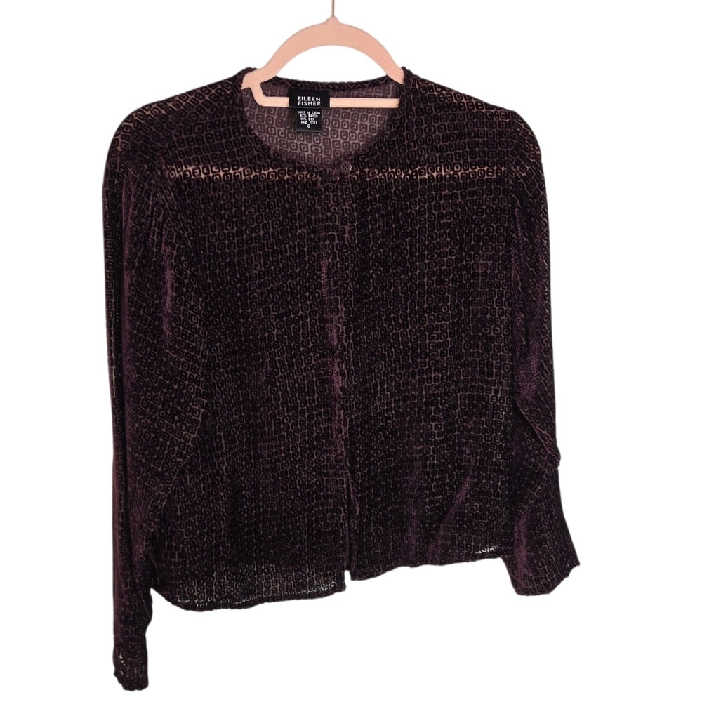 Eileen Fisher Wine Textured Burnout Velvet One Buttton Blouse